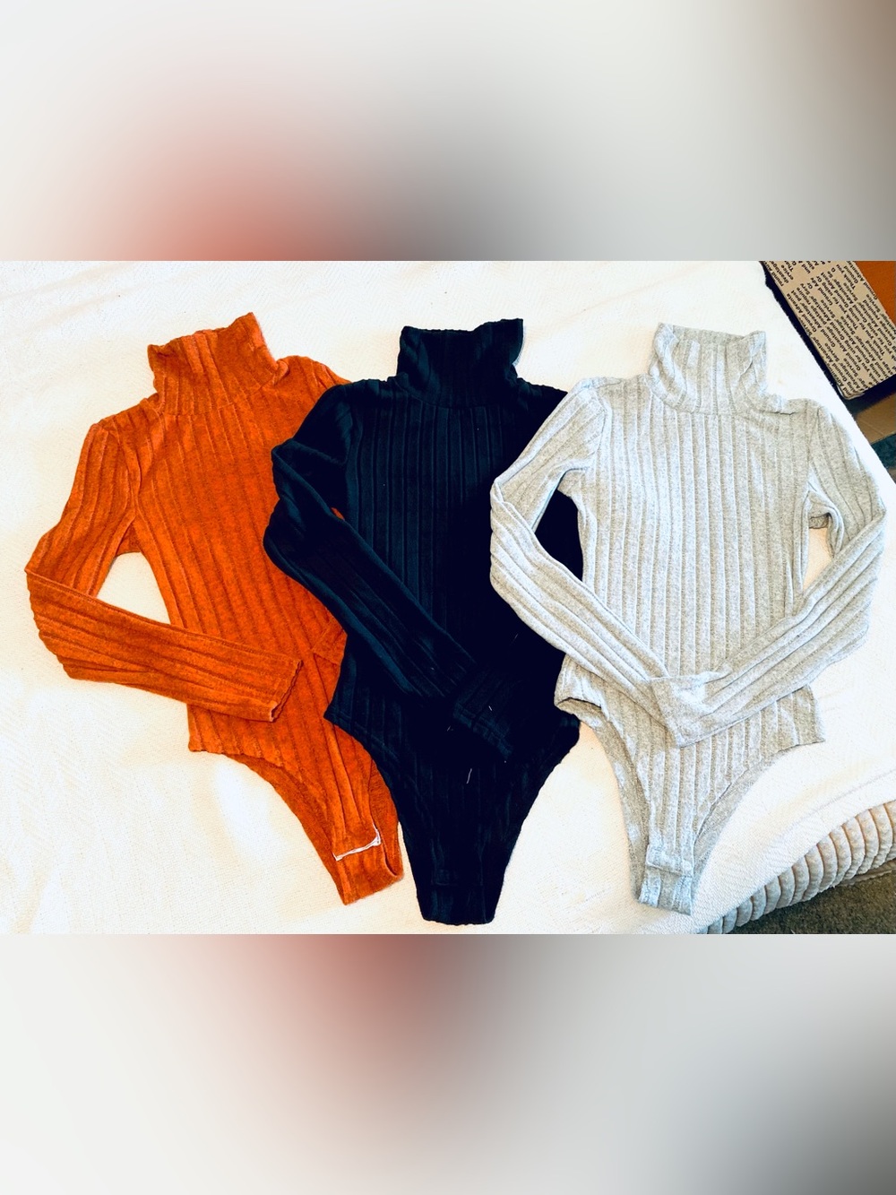 3 Ribbed Turtleneck Bodysuits - Rustic, light Grey, and Black
